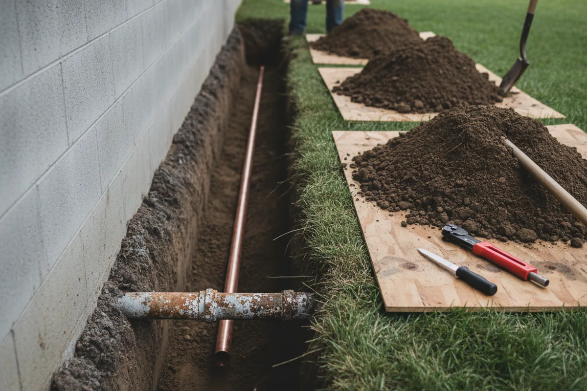 Excavated water line trench during Water Heater Repair in South Hamilton